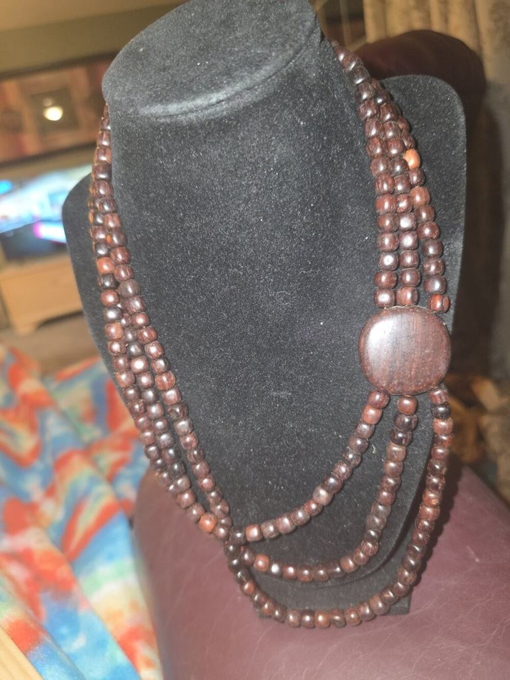 Vintage Wooden Bead Necklace with Triangular Clasp